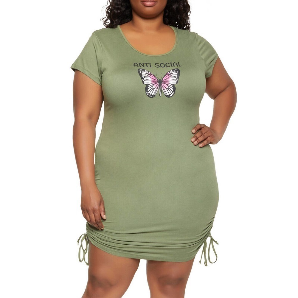 Full Circle Trends Plus Size 3X Anti Social Butterfly Graphic Shirt Dress Green